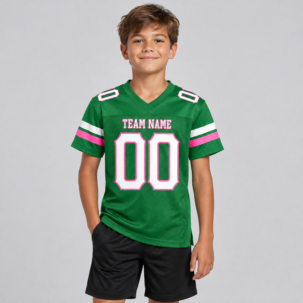 Custom Grass Green Mesh Authentic Football Jersey with White and Pink Lettering Design 0135 youth size worn by child model