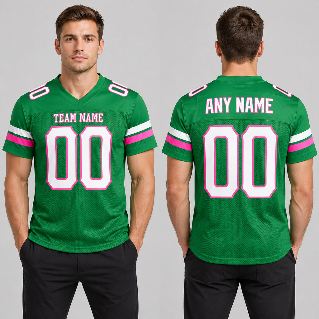 Custom Grass Green Mesh Authentic Football Jersey with White and Pink Lettering Design 0135 worn by male model
