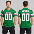 Custom Grass Green Mesh Authentic Football Jersey with White and Pink Lettering Design 0135 worn by male model