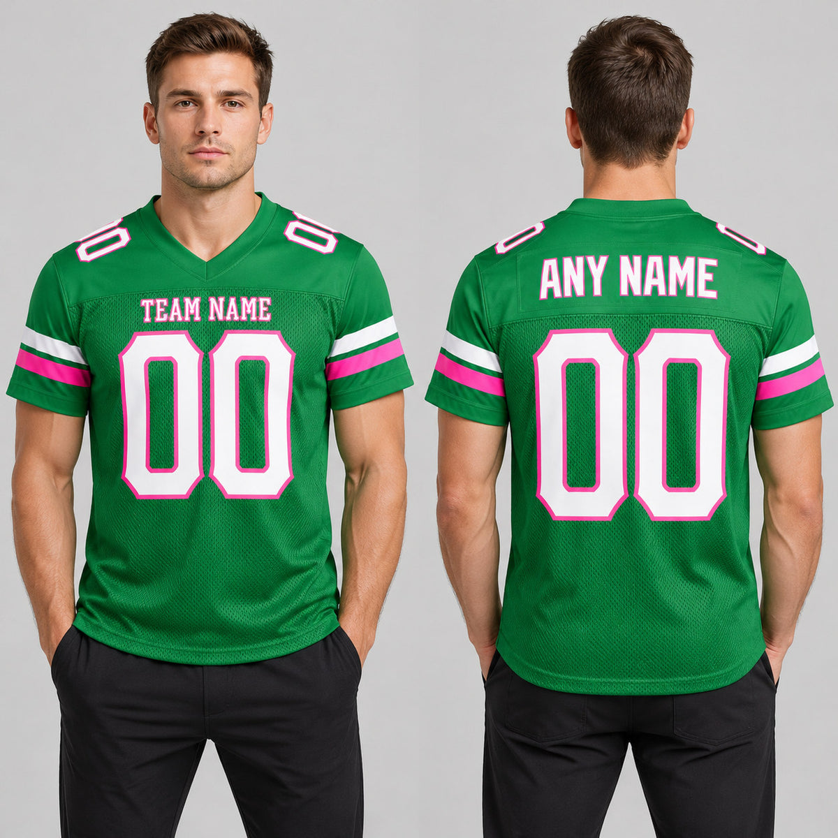 Custom Grass Green Mesh Authentic Football Jersey with White and Pink Lettering Design 0135 worn by male model