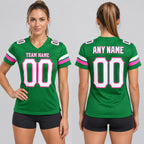 Custom Grass Green Mesh Authentic Football Jersey with White and Pink Lettering Design 0135 worn by female model