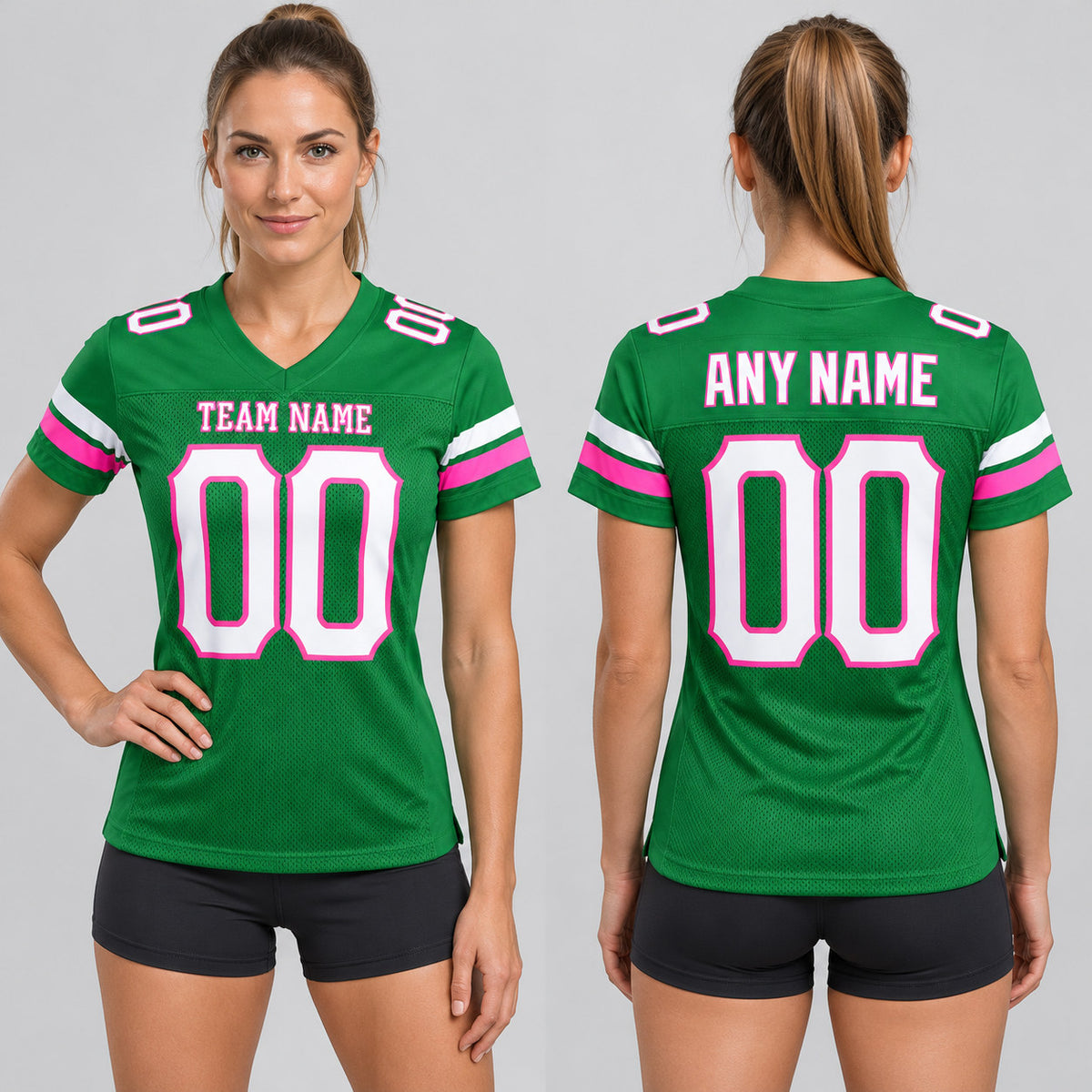Custom Grass Green Mesh Authentic Football Jersey with White and Pink Lettering Design 0135 worn by female model