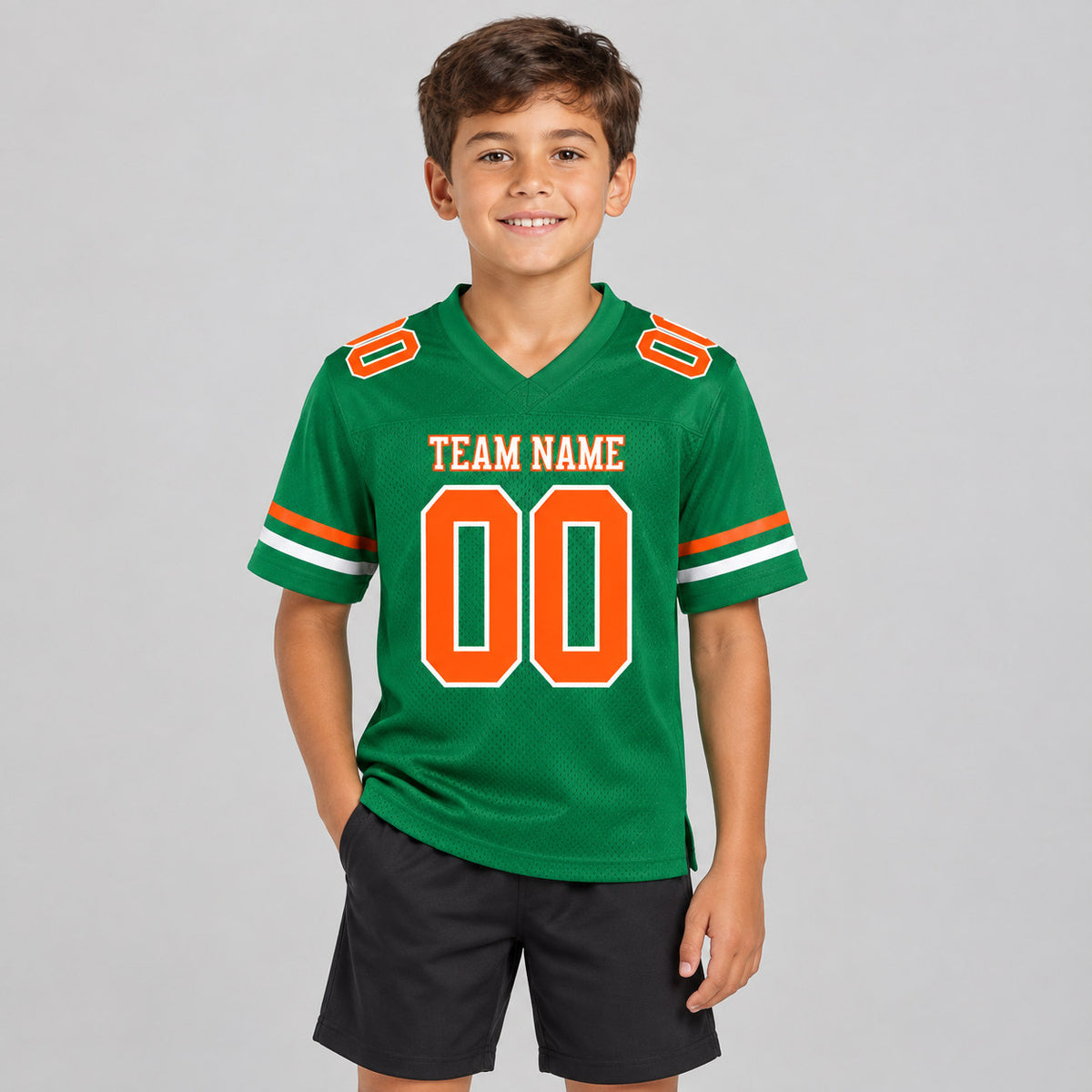 Custom Kelly Green Mesh Authentic Football Jersey with Orange and White Lettering Design 0294 youth size worn by child model