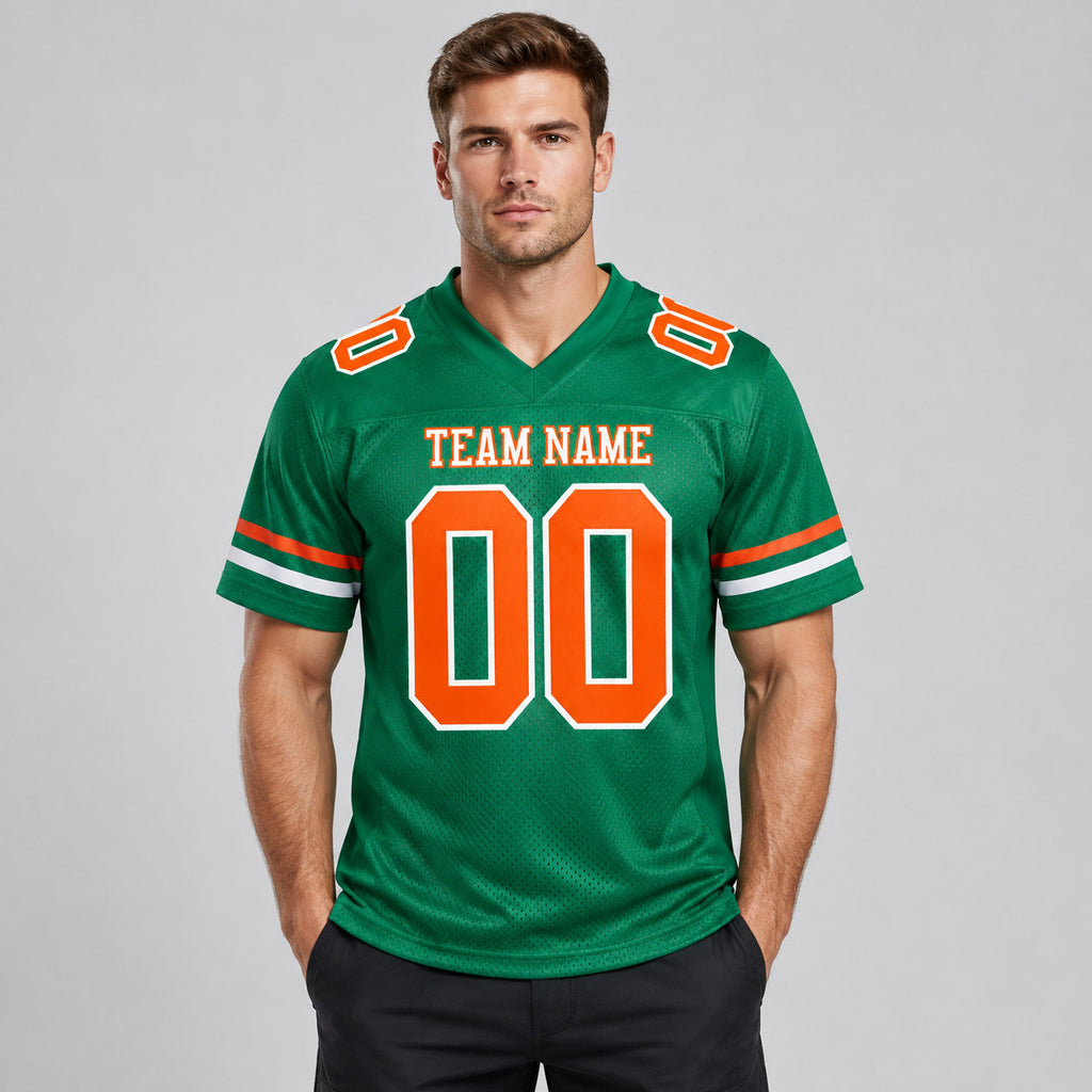 Custom Kelly Green Mesh Authentic Football Jersey with Orange and White Lettering Design 0294 worn by male model