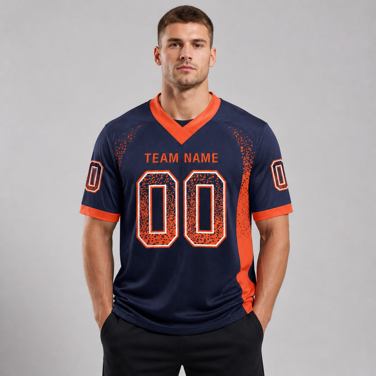Custom Navy Drift Football Jersey with Orange and White Lettering Design 0127 worn by male model