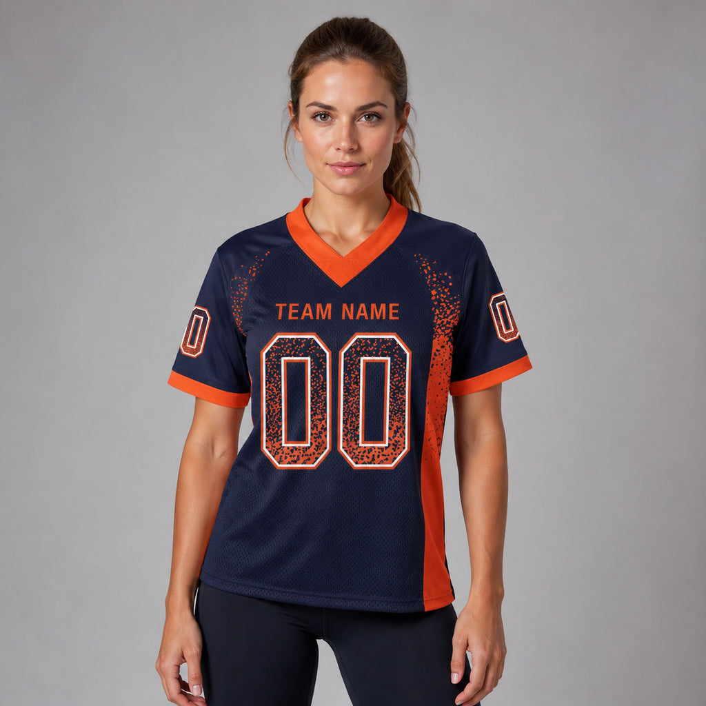 Custom Navy Drift Football Jersey with Orange and White Lettering Design 0127 worn by female model