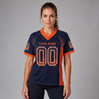 Custom Navy Drift Football Jersey with Orange and White Lettering Design 0127 worn by female model