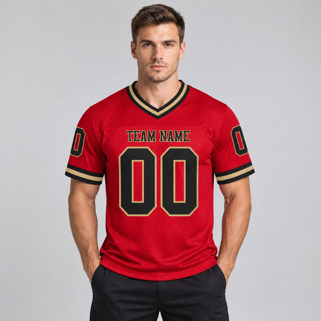 Custom Red Mesh Authentic Football Jersey with Black and Old Gold Lettering Design 0239 worn by male model