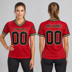 Custom Red Mesh Authentic Football Jersey with Black and Old Gold Lettering Design 0239 worn by female model