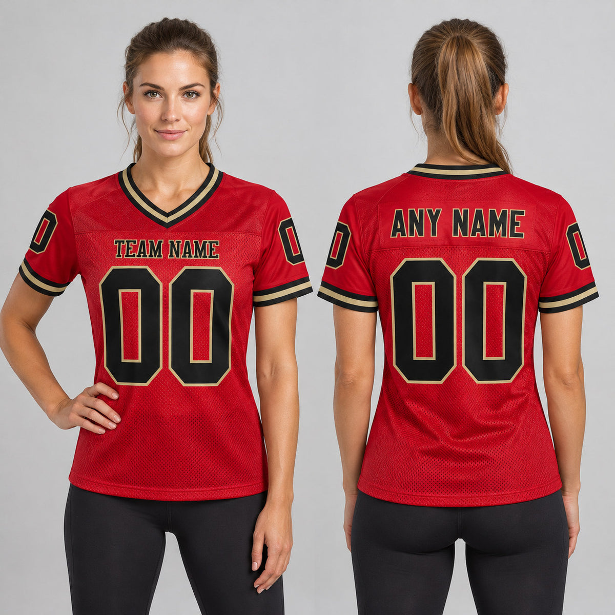 Custom Red Mesh Authentic Football Jersey with Black and Old Gold Lettering Design 0239 worn by female model