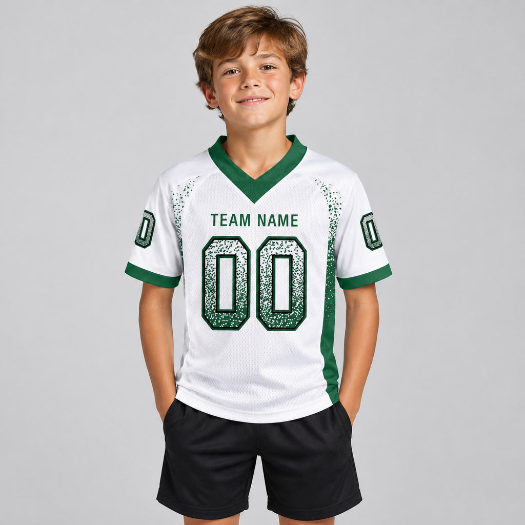 Custom White Drift Football Jersey with Grass Green and Black Lettering youth size worn by child model
