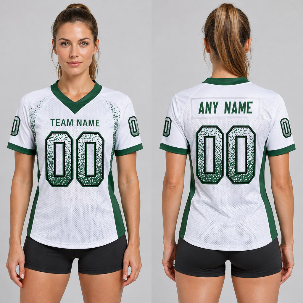 Custom White Drift Football Jersey with Grass Green and Black Lettering worn by female model
