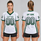 Custom White Drift Football Jersey with Grass Green and Black Lettering worn by female model