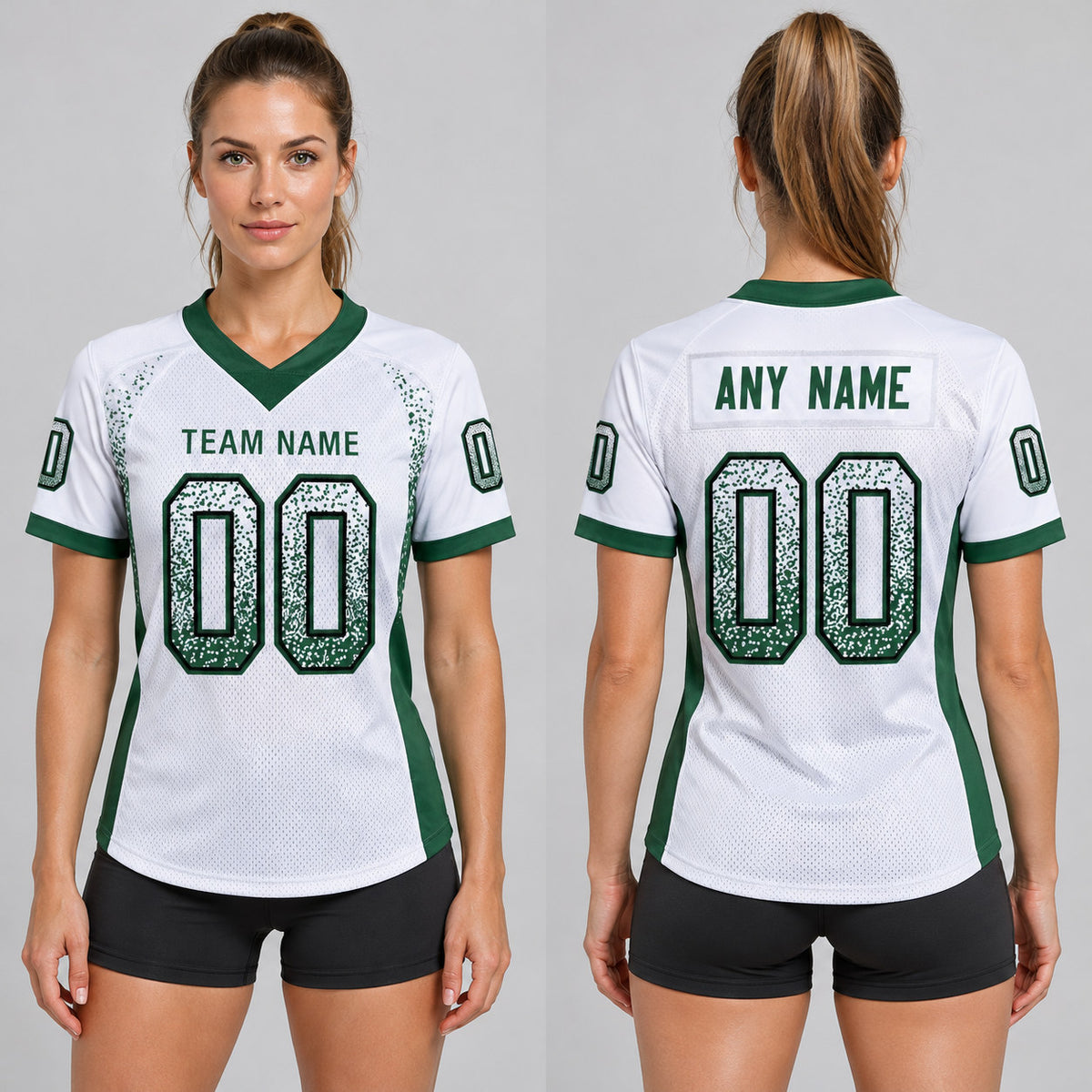 Custom White Drift Football Jersey with Grass Green and Black Lettering worn by female model