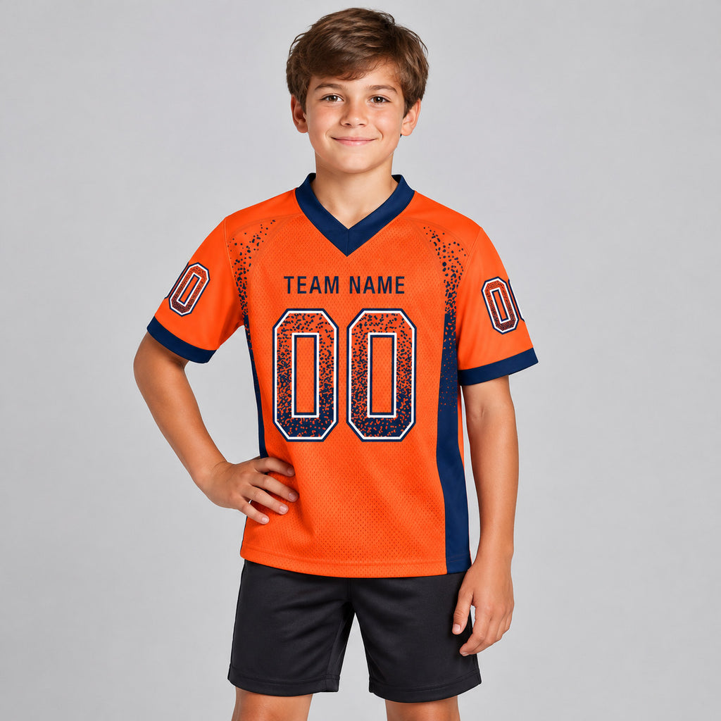 Custom Orange Drift Football Jersey with Navy and White Lettering Design 0115 youth size worn by child model