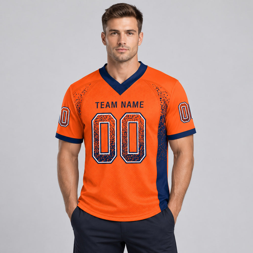 Custom Orange Drift Football Jersey with Navy and White Lettering Design 0115 worn by male model