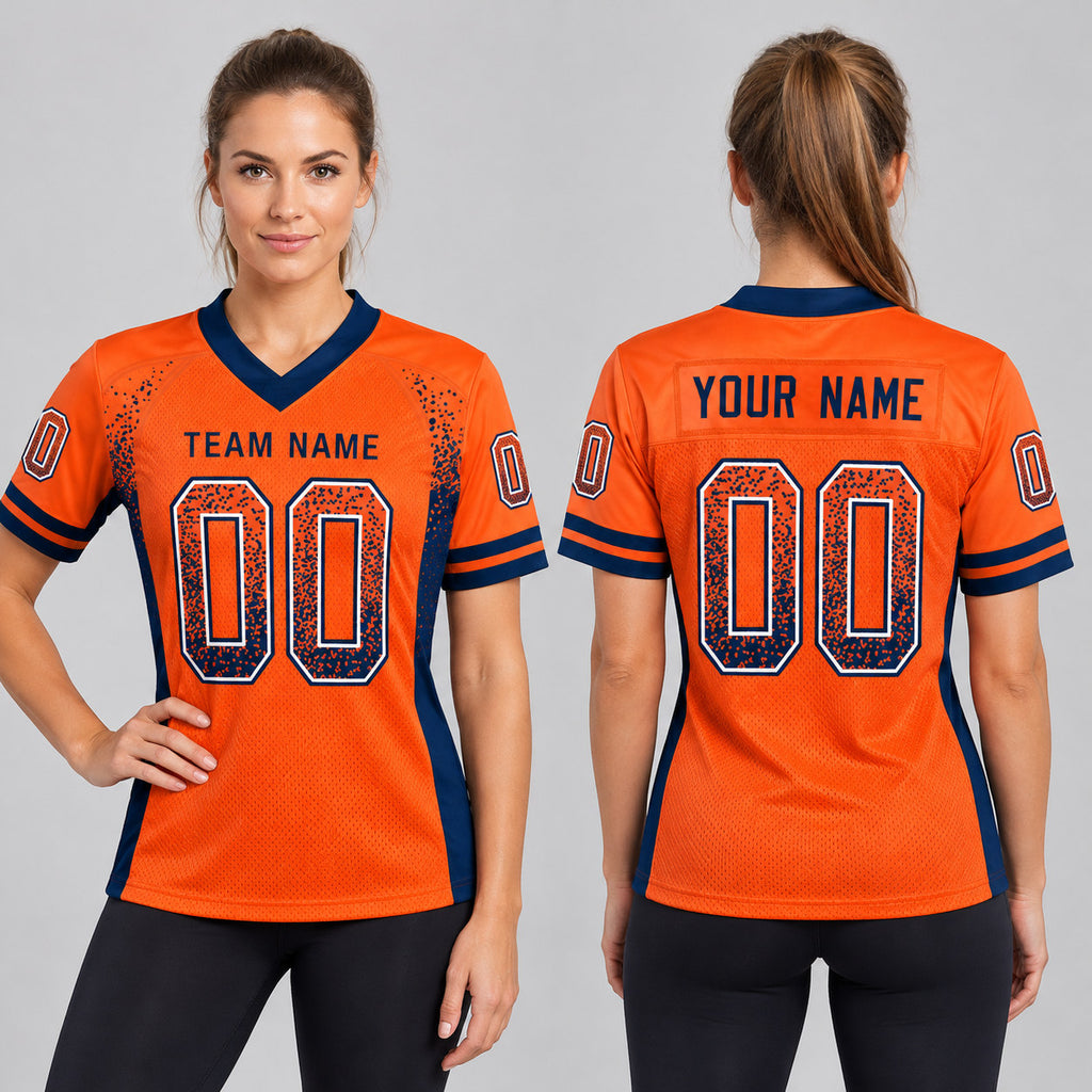 Custom Orange Drift Football Jersey with Navy and White Lettering Design 0115 worn by female model