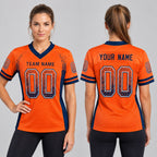 Custom Orange Drift Football Jersey with Navy and White Lettering Design 0115 worn by female model