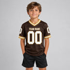 Custom Brown Mesh Authentic Football Jersey with White and Old Gold Lettering Design 0176 youth size worn by child model