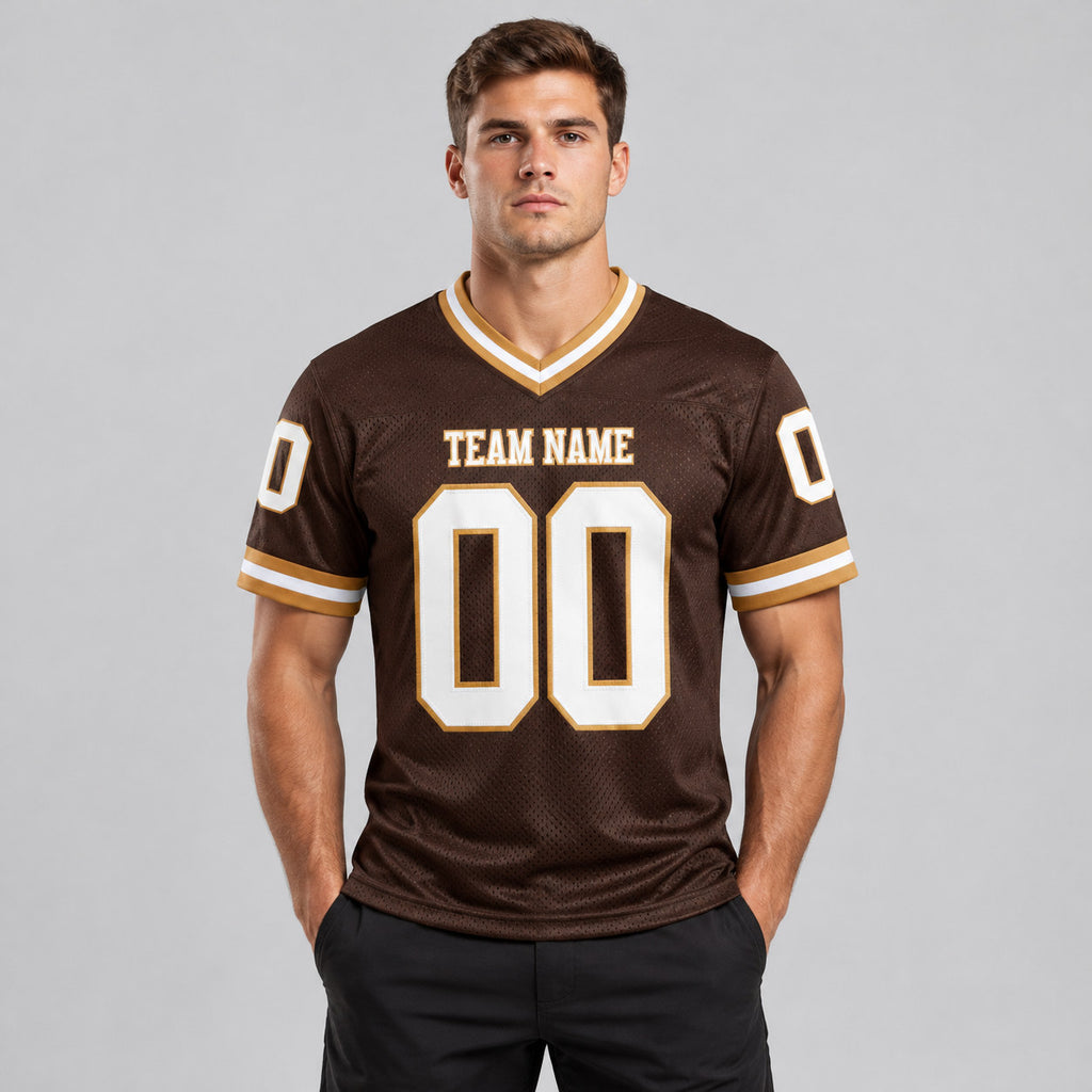 Custom Brown Mesh Authentic Football Jersey with White and Old Gold Lettering Design 0176 worn by male model