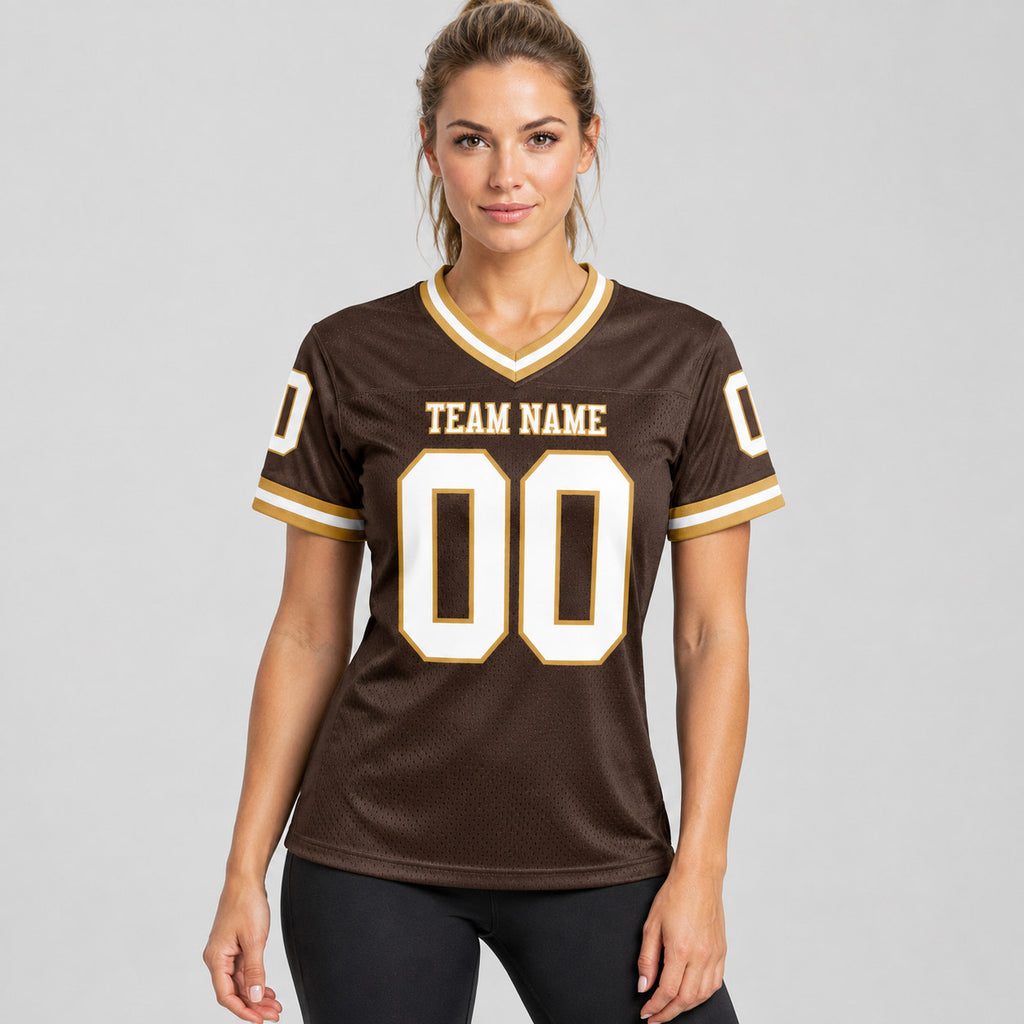 Custom Brown Mesh Authentic Football Jersey with White and Old Gold Lettering Design 0176 worn by female model