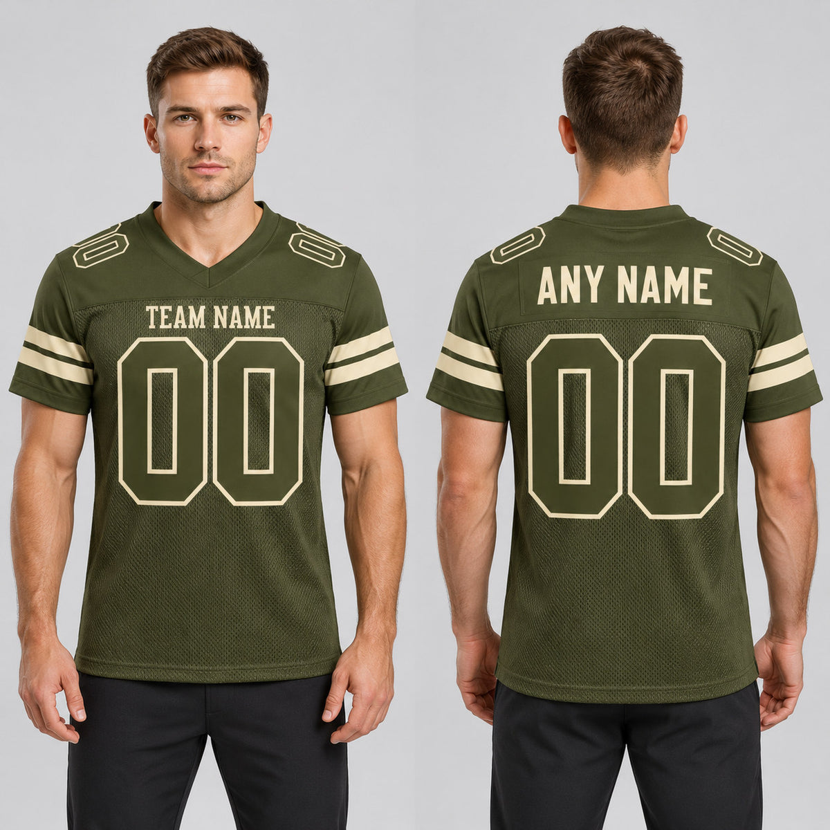 Custom Olive Salute To Service Mesh Authentic Football Jersey with Olive and Cream Lettering worn by male model
