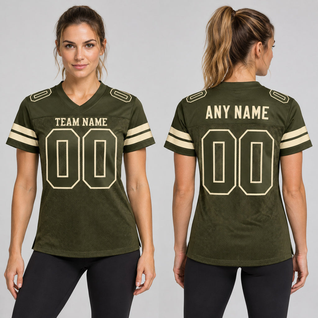 Custom Olive Salute To Service Mesh Authentic Football Jersey with Olive and Cream Lettering worn by female model