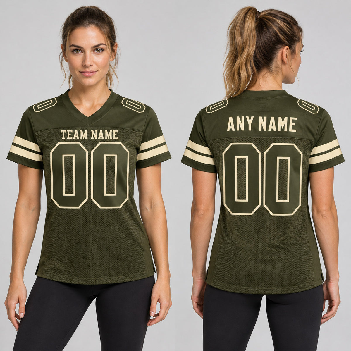 Custom Olive Salute To Service Mesh Authentic Football Jersey with Olive and Cream Lettering worn by female model
