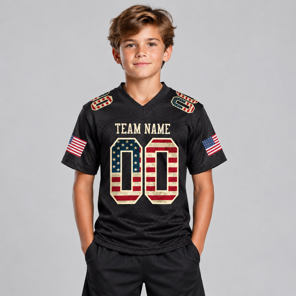 Custom Black Vintage USA Flag Mesh Authentic Football Jersey with Cream Lettering Design 1094 youth size worn by child model