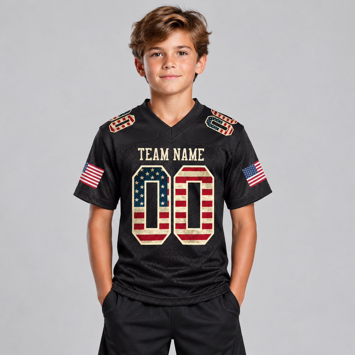 Custom Black Vintage USA Flag Mesh Authentic Football Jersey with Cream Lettering Design 1094 youth size worn by child model