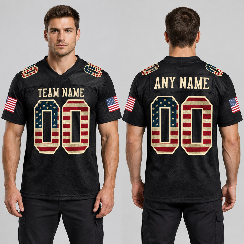 Custom Black Vintage USA Flag Mesh Authentic Football Jersey with Cream Lettering Design 1094 worn by male model