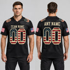 Custom Black Vintage USA Flag Mesh Authentic Football Jersey with Cream Lettering Design 1094 worn by male model