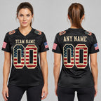 Custom Black Vintage USA Flag Mesh Authentic Football Jersey with Cream Lettering Design 1094 worn by female model