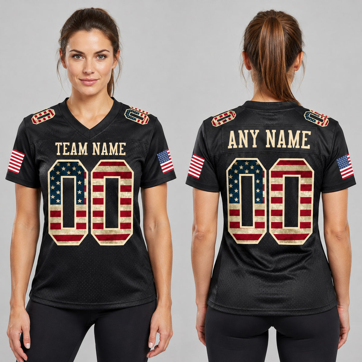 Custom Black Vintage USA Flag Mesh Authentic Football Jersey with Cream Lettering Design 1094 worn by female model