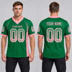 Custom Kelly Green Drift Football Jersey with Medium Pink and White Lettering worn by male model