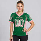 Custom Kelly Green Drift Football Jersey with Medium Pink and White Lettering worn by female model