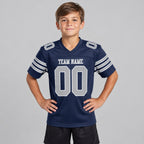Custom Navy Mesh Authentic Football Jersey with Gray and White Lettering Design 0024 youth size worn by child model