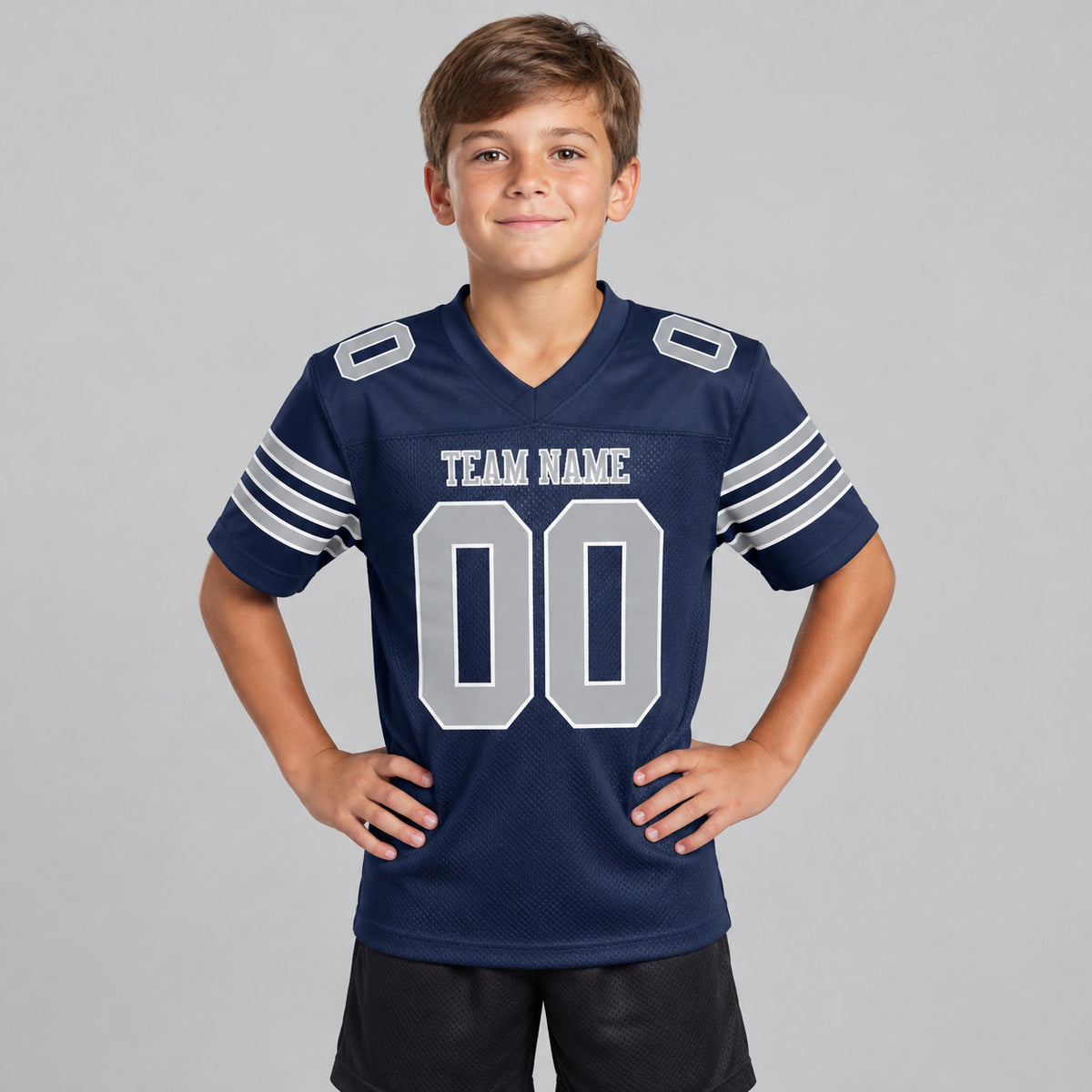 Custom Navy Mesh Authentic Football Jersey with Gray and White Lettering Design 0024 youth size worn by child model