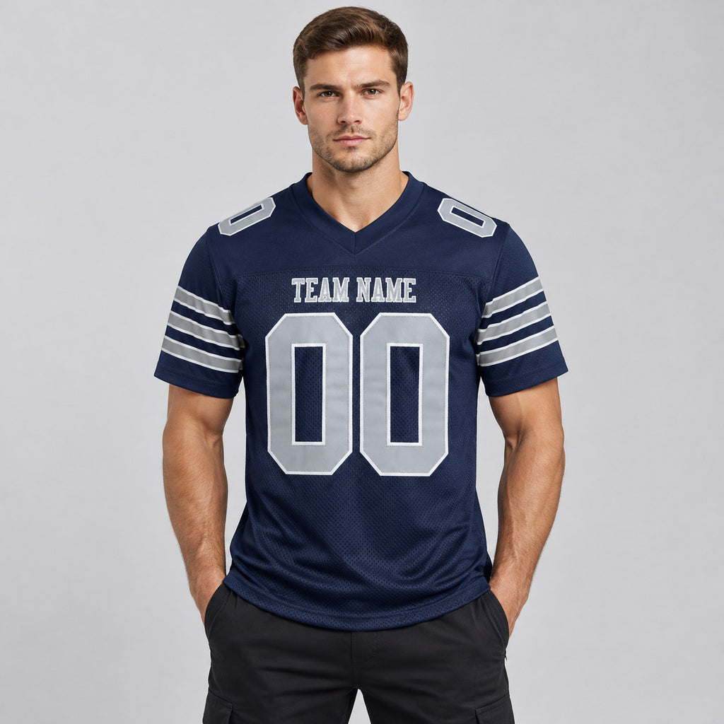 Custom Navy Mesh Authentic Football Jersey with Gray and White Lettering Design 0024 worn by male model