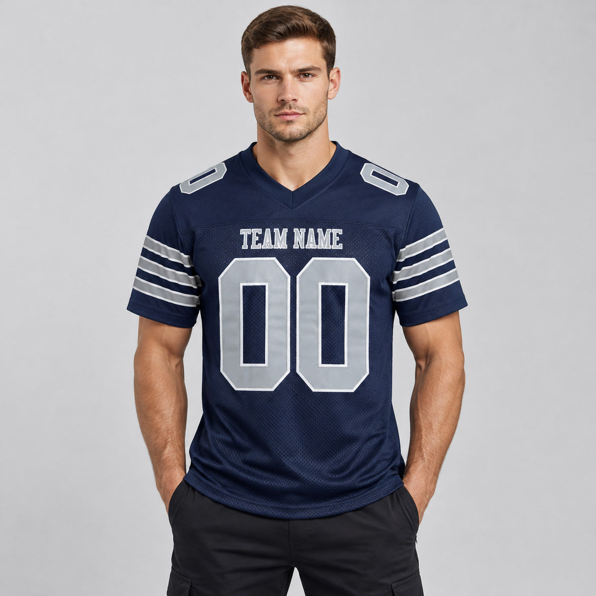 Custom Navy Mesh Authentic Football Jersey with Gray and White Lettering Design 0024 worn by male model