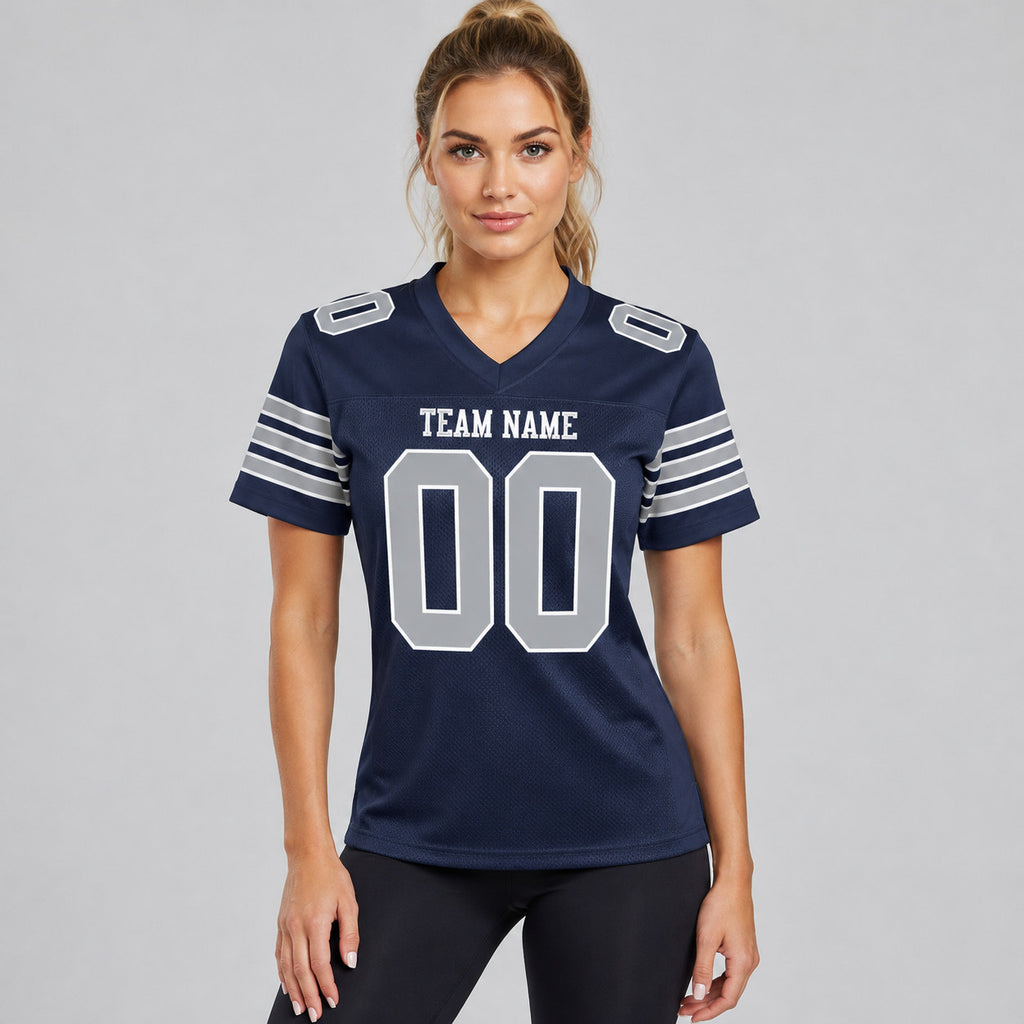 Custom Navy Mesh Authentic Football Jersey with Gray and White Lettering Design 0024 worn by female model