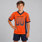 Custom Orange Drift Football Jersey with Navy and White Lettering Design 0169 youth size worn by child model