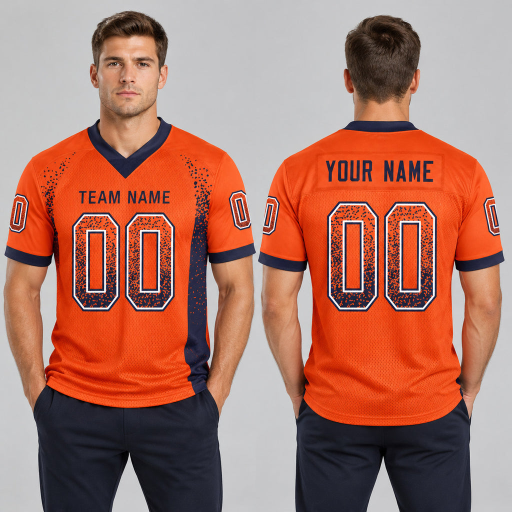 Custom Orange Drift Football Jersey with Navy and White Lettering Design 0169 worn by male model