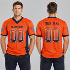 Custom Orange Drift Football Jersey with Navy and White Lettering Design 0169 worn by male model