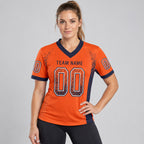Custom Orange Drift Football Jersey with Navy and White Lettering Design 0169 worn by female model