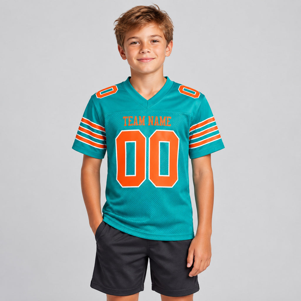 Custom Aqua Mesh Authentic Football Jersey with Orange and White Lettering Design 0007 youth size worn by child model