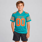 Custom Aqua Mesh Authentic Football Jersey with Orange and White Lettering Design 0007 youth size worn by child model