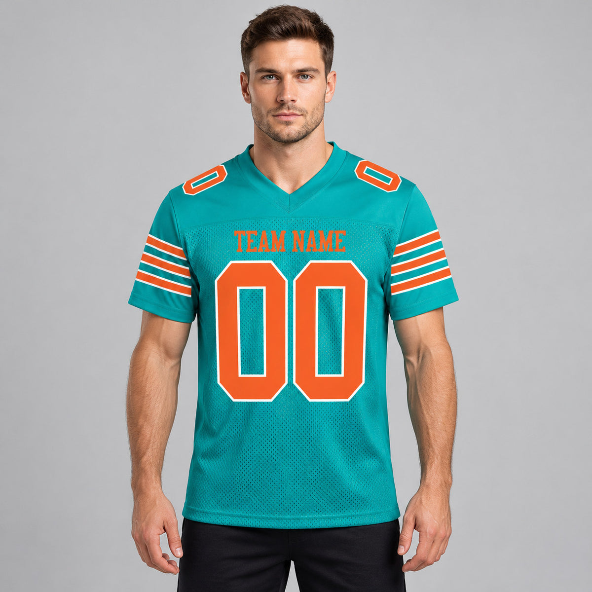 Custom Aqua Mesh Authentic Football Jersey with Orange and White Lettering Design 0007 worn by male model