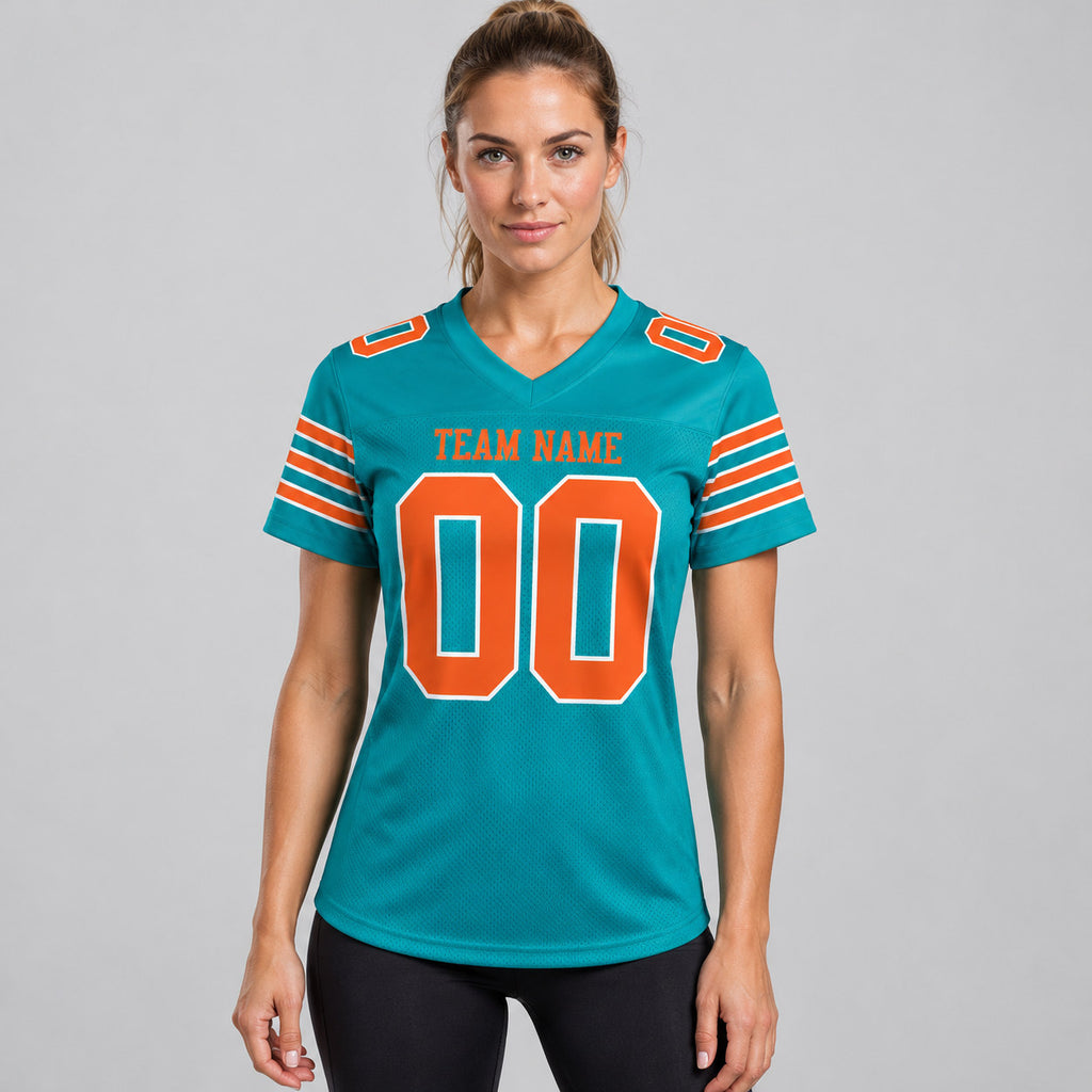 Custom Aqua Mesh Authentic Football Jersey with Orange and White Lettering Design 0007 worn by female model