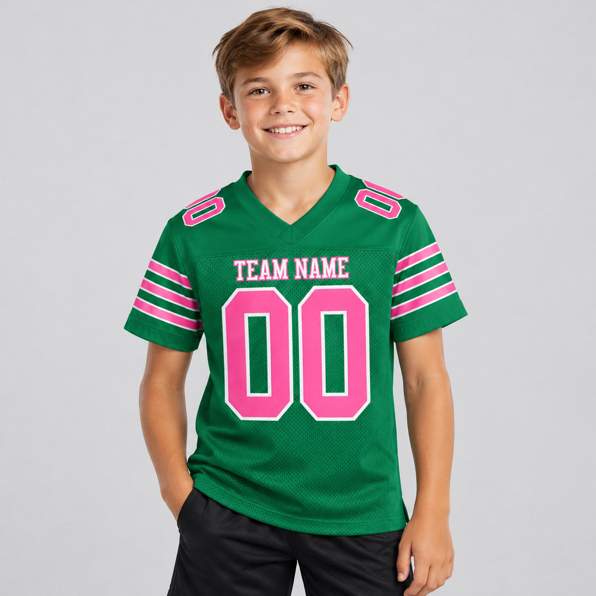Custom Kelly Green Mesh Authentic Football Jersey with Pink and White Lettering Design 0298 youth size worn by child model